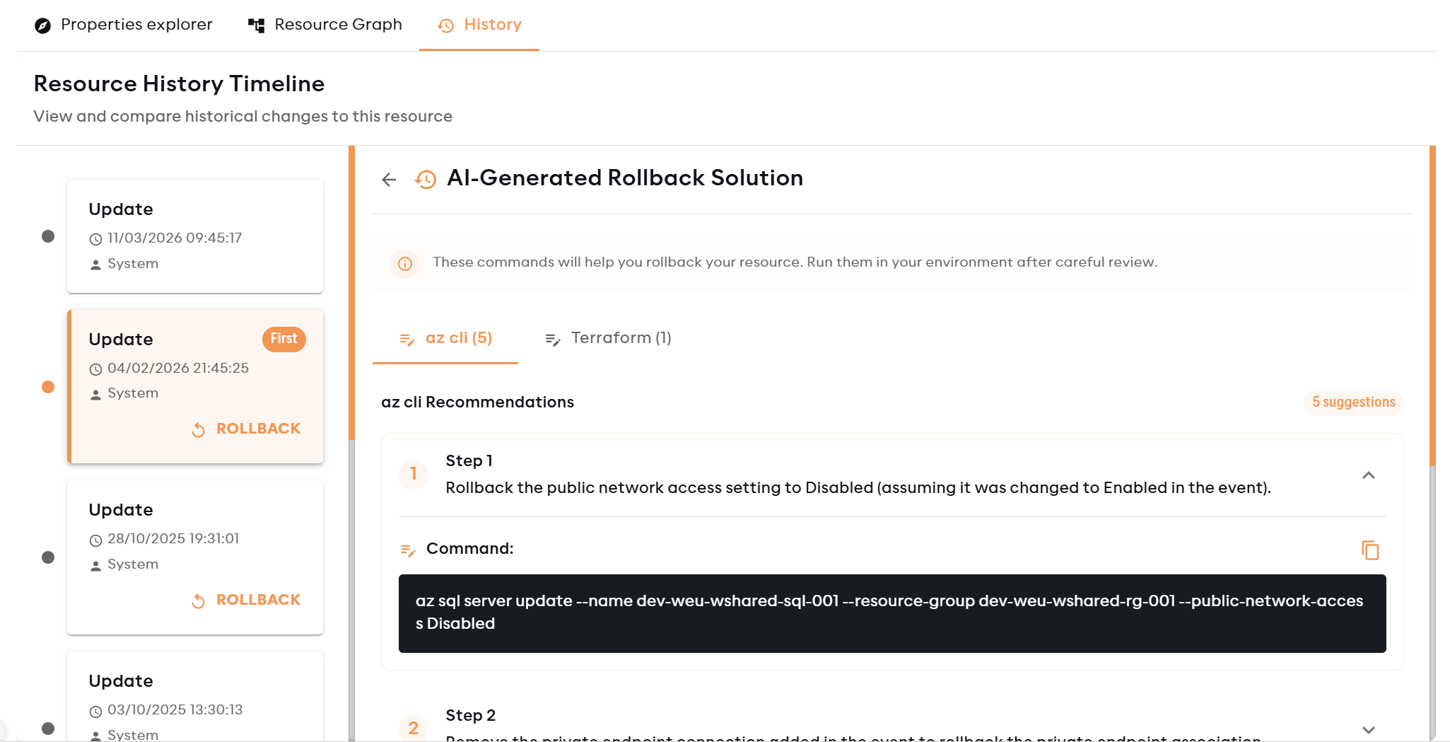 AI-Generated Rollback Solution panel showing az CLI and Terraform command suggestions